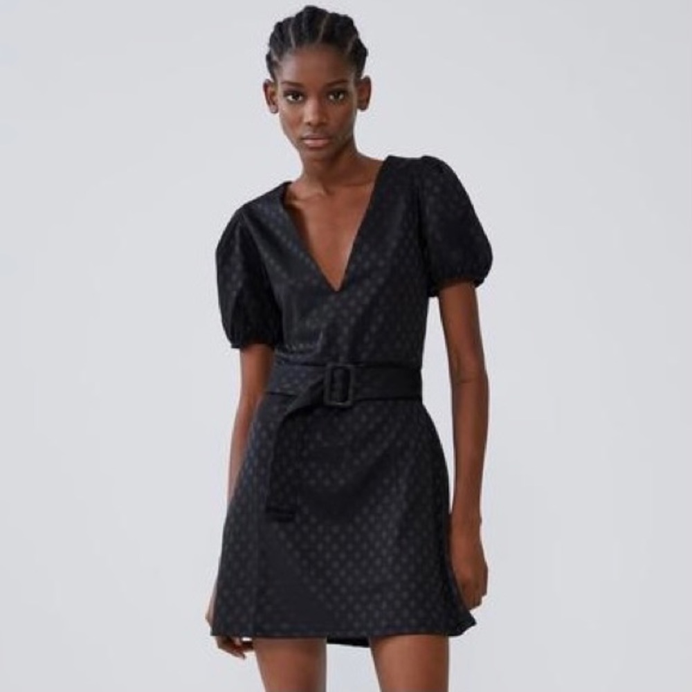 NWT Zara Dress Small Black Voluminous Textured Polka Dot Mini Belted V Neck